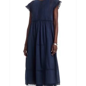 THE GREAT. Navy Blue Midi Dress with Lace Trim